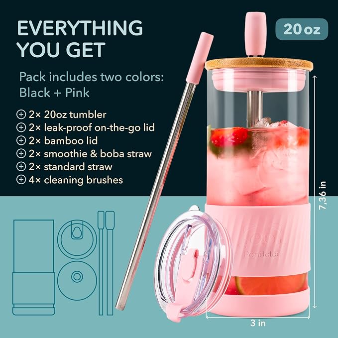 Pandaloo® Glass Cups With Lids and Straws -20 Fl Oz- Perfect Size Iced Coffee Cup - Smoothie Cup With Bamboo Lid and On the go Lid - Glass Tumbler (2 Count (Pack of 1), Black Saphir-Tender Pink) - Image 2