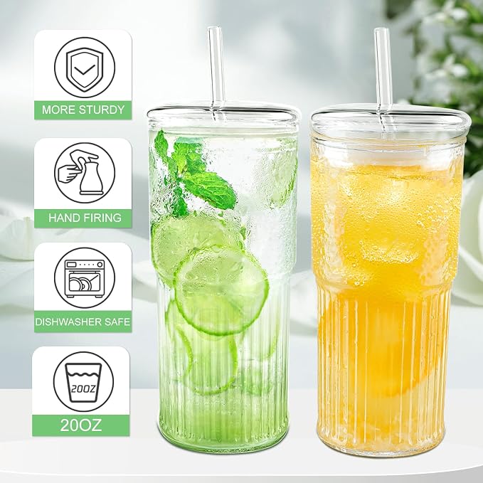Luiaiog Glass Cups with Lids and Glass Straws, High Borosilicate 20OZ Tumblers (4Pcs) for Coffee, Tea, Juice, Smoothies, Hot/Cold Drinks at Home, Office - Image 2