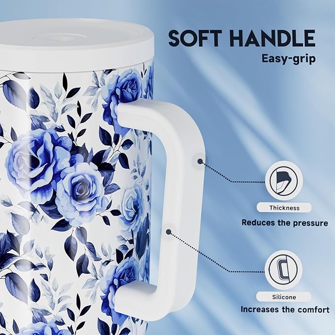 Meoky 40 oz Tumbler with Handle and Straw: Stainless Steel Insulated Tumbler with Lid and Straw - 100% Leak Proof Tumbler for Car Cup Holders - Travelers Commuters Workers, Blue Rose - Image 6