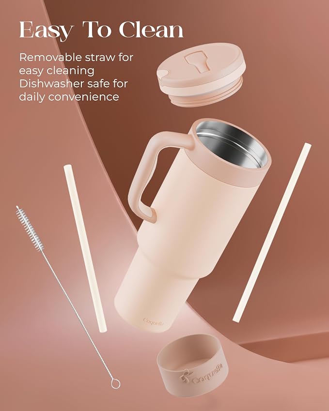 40 oz Insulated Tumbler with Handle and Push-Button Straw Lid, Stainless Steel Travel Cup for Gym Office, Leakproof, BPA-Free, Cup Holder Friendly, Bow Silicone Boot, Beige (Cream Latte) - Image 6