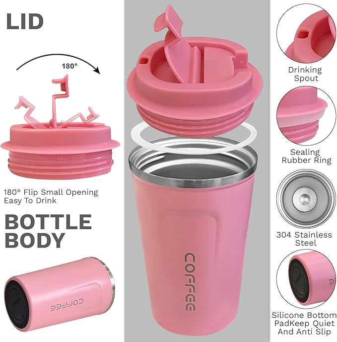 YINBAOGE Insulated Travel Coffee Mug, Spill & Leak Proof, Portable To Go Camping Stainless Steel Coffee Tumbler, Reusable Thermal Coffee Cup with Lid for Hot & Cold Drinks (2nd-Pink, 17 OZ) - Image 2