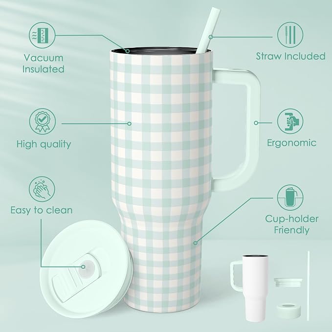 SANDJEST Mint Gingham 40oz Slider Tumbler with Handle and Straw - Insulated Stainless Steel Travel Coffee Mug for Women Girls, Gift for Birthday, Christmas - Image 2