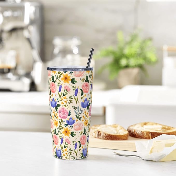 Floral Tumbler with Lid and Straw 20oz Vacuum Insulated Coffee Cup Stainless Steel Tumblers Leakproof Travel Mug Present for Women Men - Image 7
