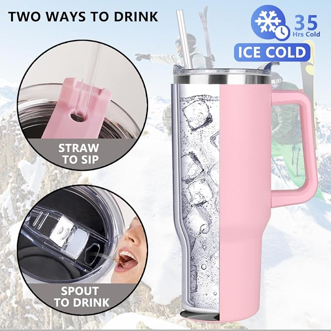 SYACOT 40 oz Tumbler with Handle and Straw Stainless Steel Insulated Tumbler Leak Proof Lid and Straw Lid Reusable Travel Mug Coffee Mug Cup Dishwasher Safe Keep Drinks Cold and Hot (Pink Dusk) - Image 3