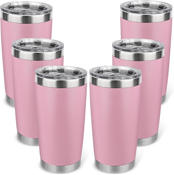 20oz Stainless Steel Tumbler Bulk with Lid, Travel Mug - Double Wall Vacuum Powder Coated Cup - Light Pink, 6 Pack by Unknown