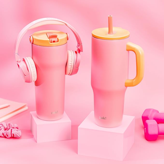 Zak Designs Sutton Travel Tumbler for On the Go, 40oz Stainless Steel with Vacuum Insulation, Silicone Straw, and Carry Handle for Cold Drinks (So Sweet Pink) - Image 9