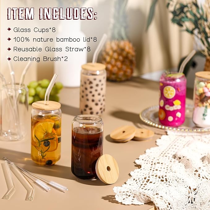 NETANY [ 8pcs Set ] Drinking Glasses with Bamboo Lids and Glass Straw - 16oz Glass Cups, Beer Glasses, Iced Coffee Glasses, Cute Tea Cup, Ideal for Cocktail, Whiskey, Gift - 2 Cleaning Brushes - Image 2