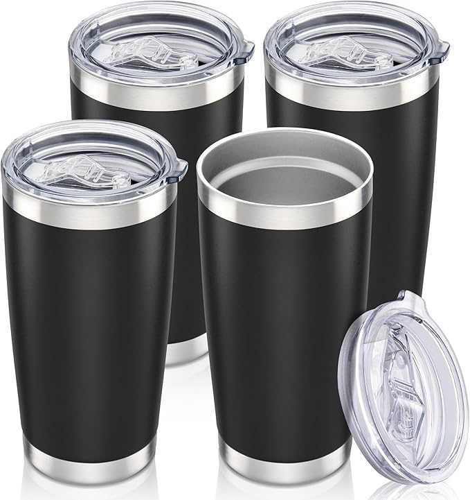 20 oz Tumbler with Lid Stainless Steel Insulated Tumblers Bulk Double Wall Vacuum Cups Powder Coated Travel Mug Keep Drinks Cold and Hot, Black, 4 Pack by Orebigo