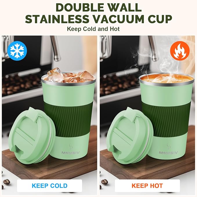 MOMSIV 12oz Travel Mug, Insulated Coffee Cup with Leakproof Lid, Vacuum Stainless Steel Double Walled Reusable Tumbler for Hot and Cold Water Coffee and Tea In Travel and Car (Green-380ml) - Image 3