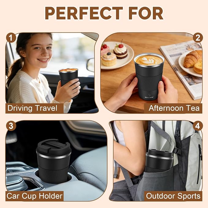 MOMSIV 12oz Travel Mug, Insulated Coffee Cup with Leakproof Lid, Vacuum Stainless Steel Double Walled Reusable Tumbler for Hot and Cold Water Coffee and Tea In Travel and Car (Black - 380ml) - Image 7