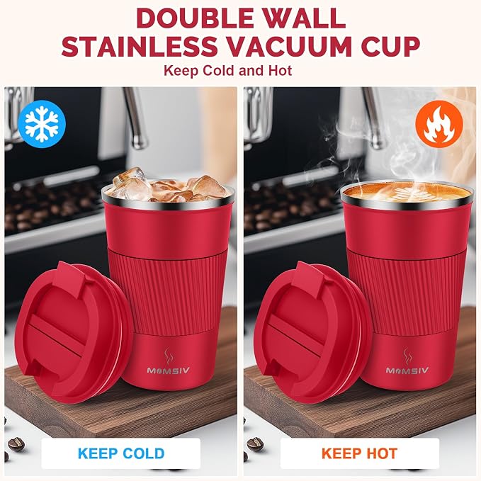 MOMSIV 12oz Travel Mug, Insulated Coffee Cup with Leakproof Lid, Vacuum Stainless Steel Double Walled Reusable Tumbler for Hot and Cold Water Coffee and Tea - Image 3