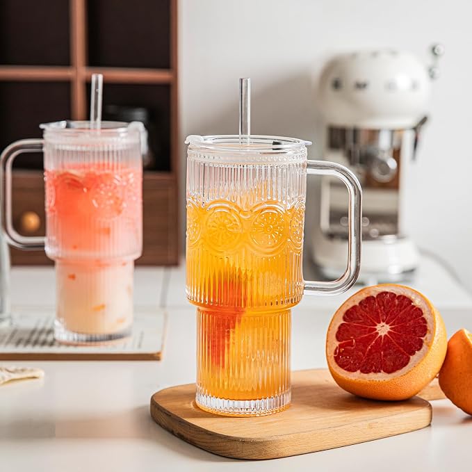 INSETLAN 26oz Ribbed & Floral Glass Tumblers with Handle and Lid, Set of 2 –Reusable Iced Coffee Cups with Straw, Glass Mugs for Water, Smoothies, Tea, and Juice – Ideal for Travel & Daily Use - Image 3