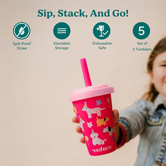 REDUCE GoGo's Kids Portable Tumbler Cups with Lids and Spill-Proof Straws - 5 Pack of Stackable 12 oz Tumblers with Twist-On Lids - Easy Storage, Dishwasher Safe - Scavenger Boy Set - Image 3
