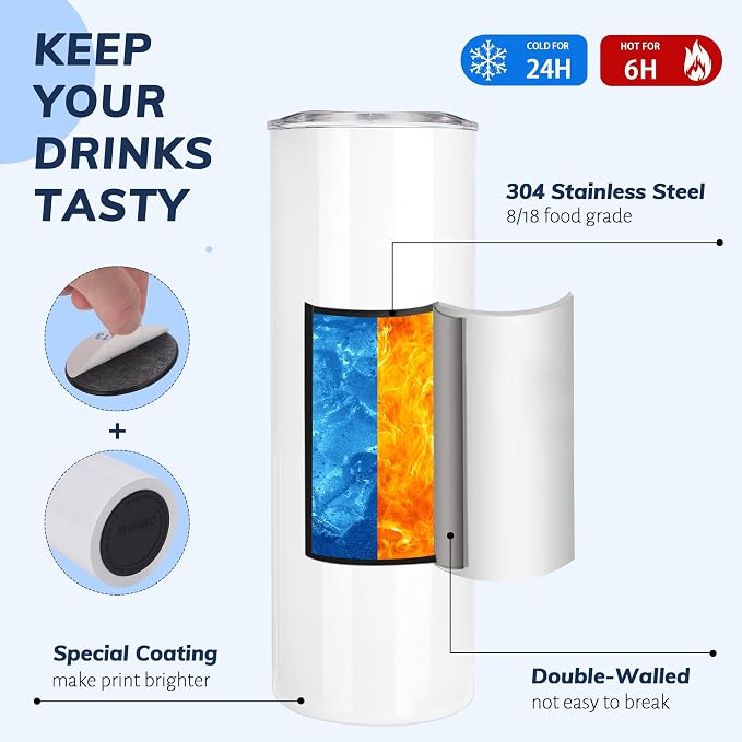 D·S 12 Pack Sublimation Tumblers 20 oz Bulk Skinny Straight Flat Bottom Blank Tumbler Cups with Individual Gift Boxed for Heat Transfer DIY Craft - Image 3