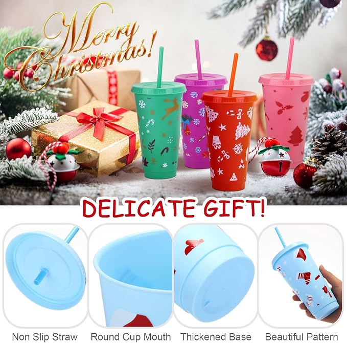 Honeydak 50 Pcs 24oz Christmas Cup Bulk Gift Tumbler with Straw and Lid Coffee Cups with Lids Holiday Gifts Bulk Reusable Plastic Water Bottle Iced Coffee Travel Mug for Party Birthdays - Image 2