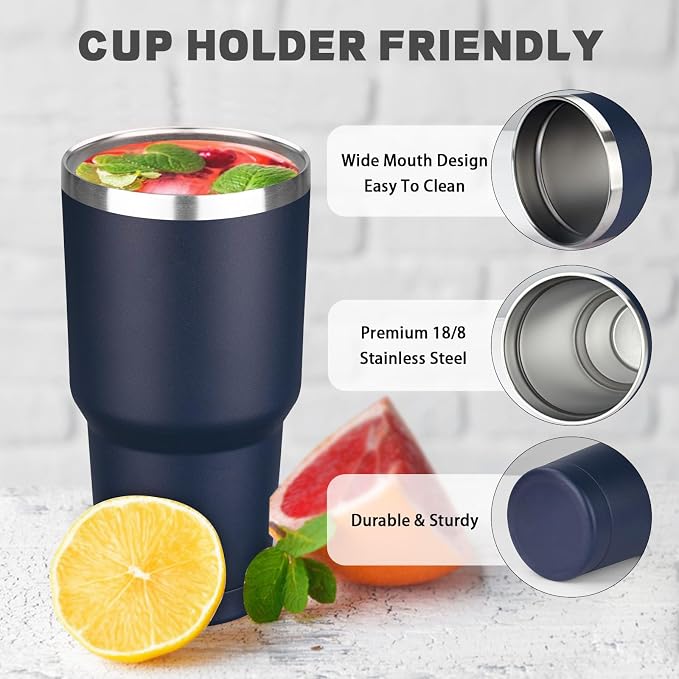 30 oz Tumbler with Lids and Straws, Stainless Steel Insulated Coffee Tumbler, Double Wall Vacuum Insulated Travel Mug Cup, Leakproof Thermal Coffee Cup for Hot and Cold Drinks (Navy Blue) - Image 3