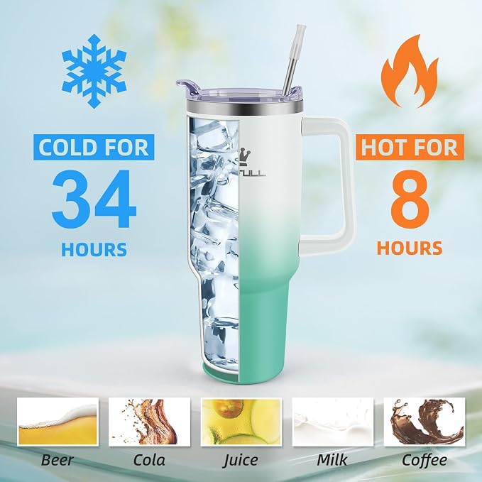 40 oz Tumbler with Handle and Straw Lid, 100% Leak-proof Travel Coffee Mug, Stainless Steel Insulated Cup for Hot Cold Beverages, Keeps Cold for 34Hrs or Hot for 10Hrs, Dishwasher Safe (WhiteGreen) - Image 4