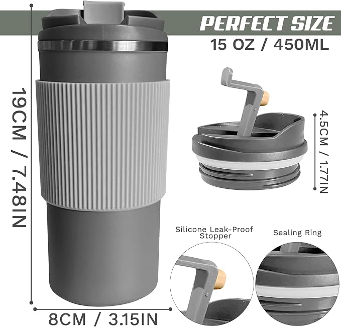 YINBAOGE Upgraded Insulated Travel Coffee Mug, Spill Proof & Leak Proof, Portable Camping Stainless Steel Tumbler, Reusable Thermal Coffee Cup with Lid for Hot & Cold Drinks(4th-Gray, 15OZ) - Image 2