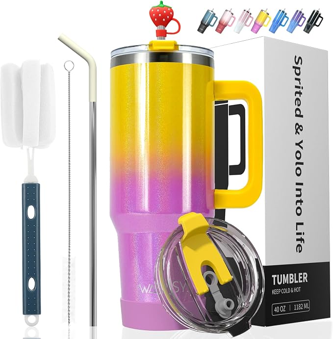 30 oz Shiny Tumbler with Handle and Straw,Stainless Steel Tumbler with Lid and Straw,Insulated Travel Mug(Cold for 34 Hours),Water Bottle for Iced Tea,Coffee (Yellow) by Watersy
