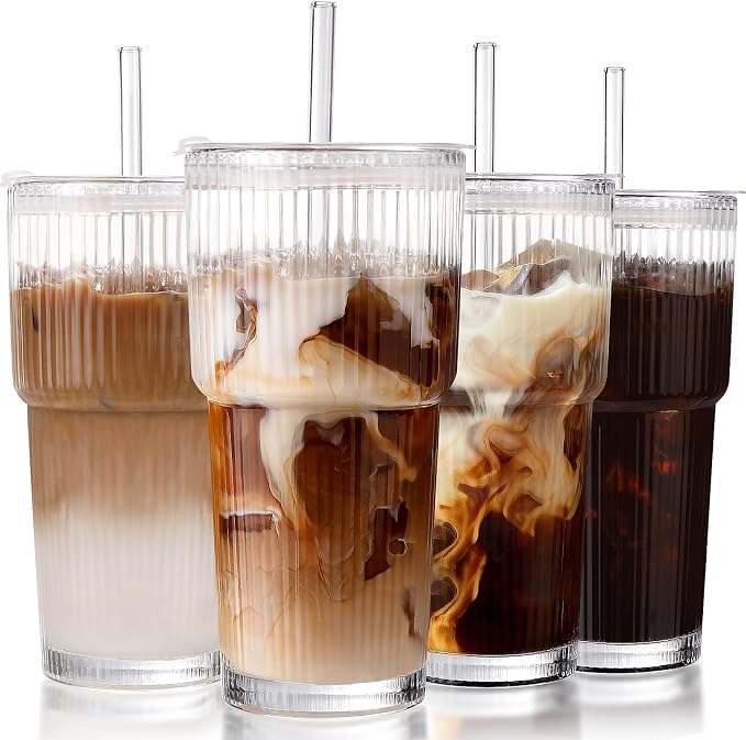 Iced Coffee Cups with Lids: Coffee Bar Accessories - Ribbed Glass Tumbler with Straw and Lid 4Pcs - 20oz Leak Proof Tumbler - Reusable Glass Cups and Tumblers with Lid and Straws for To Go Iced Coffee by DWTSDANWEITESI