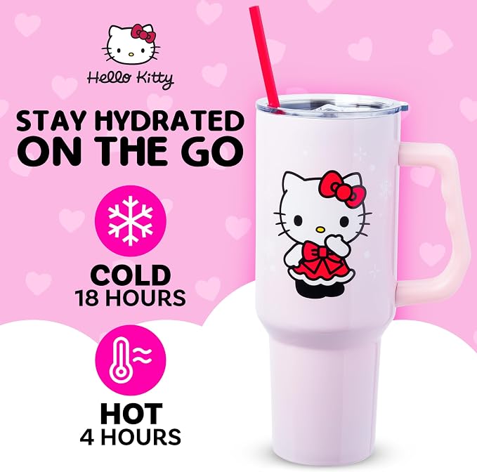Silver Buffalo Sanrio Hello Kitty Christmas Holiday Dress and Matching Bow Snowflakes Double Walled Stainless Steel Tumbler with Handle and Straw, Fits in Standard Cup Holder, 40 Ounces - Image 2