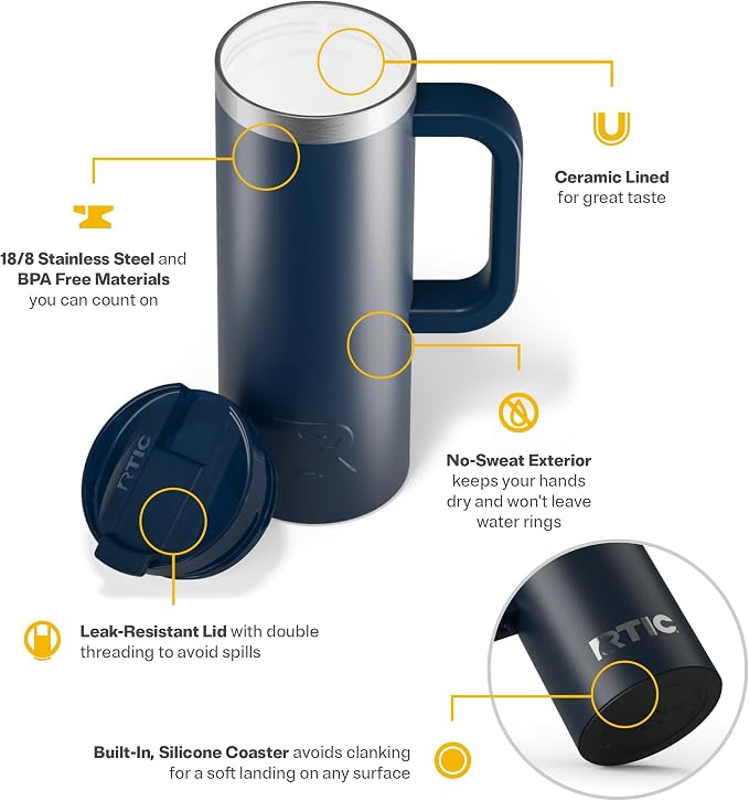 RTIC 20oz Road Trip Travel Mug with Lid and Handle, Ceramic Lined, Insulated, Stainless Steel, Metal, Double Wall Vacuum-Insulation, Portable Coffee, Tea Cup for Hot and Cold Drink, Navy - Image 4