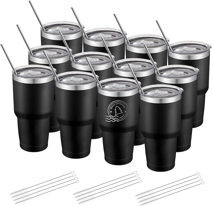 YOUKE OLA 12 Pack Insulated Tumbler Powder Coated Stainless Steel Double Wall Vacuum Travel Coffee Tumbler Cup with Lid and Straw for Laser Engrave DIY Gift 30oz Black by YOUKEOLA