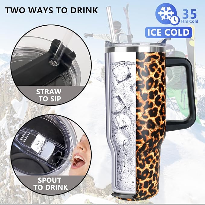 SYACOT 40 oz Tumbler with Handle and Straw Stainless Steel Insulated Tumbler Leak Proof Lid and Straw Lid Reusable Travel Mug Coffee Mug Cup Dishwasher Safe Keep Drinks Cold and Hot (Leopard) - Image 3