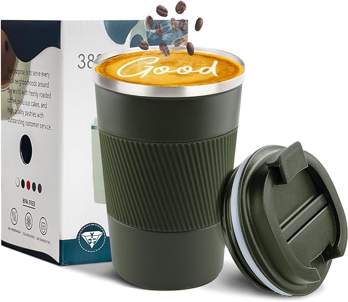 YINBAOGE Insulated Travel Coffee Mug, Spill & Leak Proof, Portable To Go Camping Stainless Steel Coffee Tumbler, Reusable Thermal Coffee Cup with Lid for Hot & Cold Drinks (Green, 12 OZ) by YINBAOGE