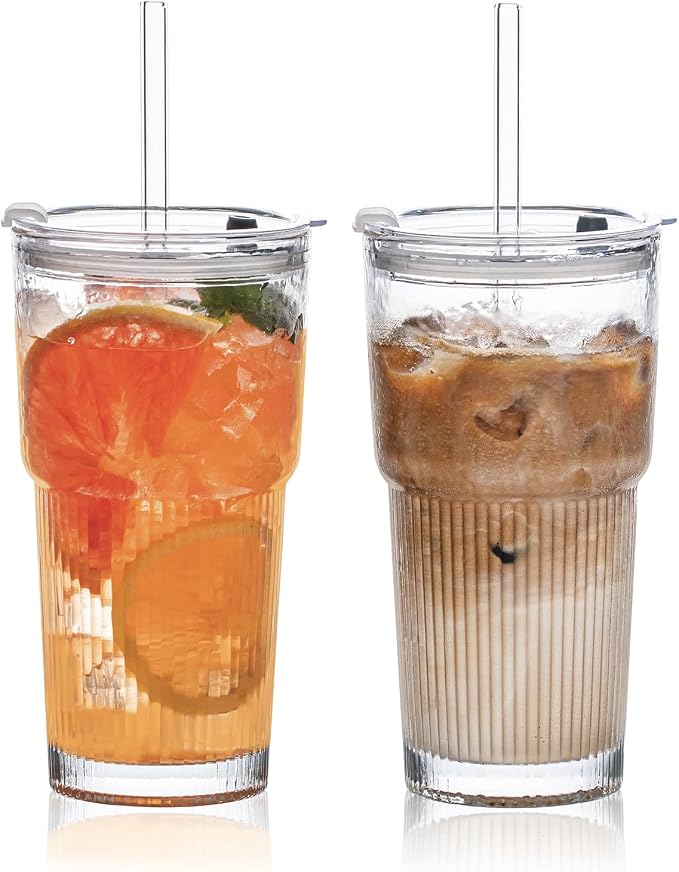 SoulTimes 20oz Glass Tumblers with Lids and Straws, Set of 2 - Stylish Ribbed Design Drinking Glasses for Iced Coffee Cups, Juice, Smoothies, Cold Beverages, Includes Cleaning Brush, Durable Glassware by SoulTimes