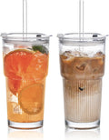 SoulTimes 20oz Glass Tumblers with Lids and Straws, Set of 2 - Stylish Ribbed Design Drinking Glasses for Iced Coffee Cups, Juice, Smoothies, Cold Beverages, Includes Cleaning Brush, Durable Glassware by SoulTimes