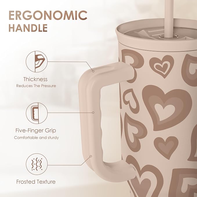 SANDJEST Heart Tumbler with Handle and Straw 40oz – Stainless Sleel Slider Tumbler Travel Coffee Mug for Women - Gift Idea for Birthday Christmas Valentine's Day - Image 3