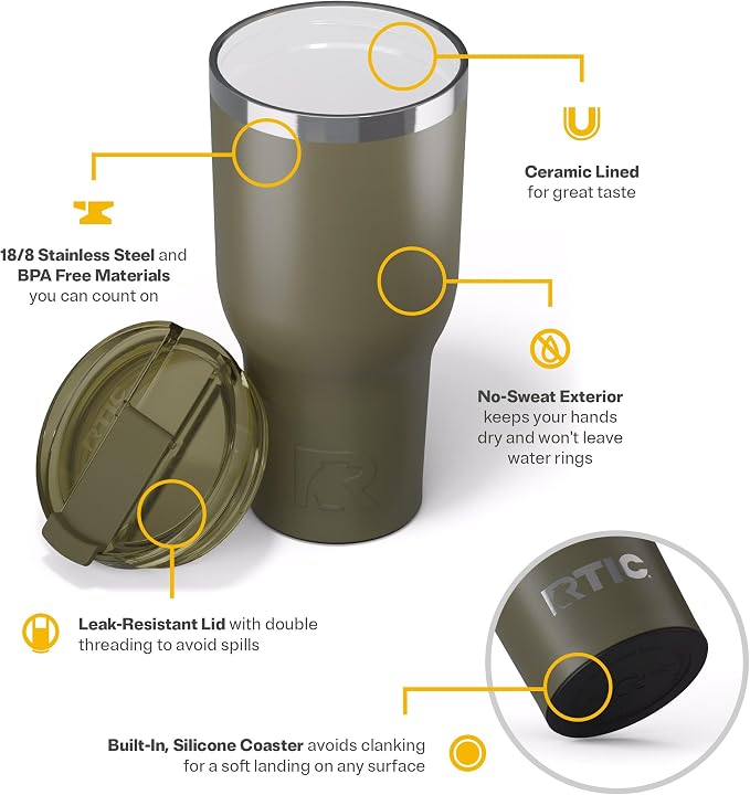 RTIC 40oz Essential Tumbler with Lid, Ceramic Lined, Insulated, Stainless Steel, Metal, Double Wall Vacuum-Insulation, Travel Cup for Iced Coffee, Tea, Hot and Cold Drink, Olive - Image 4
