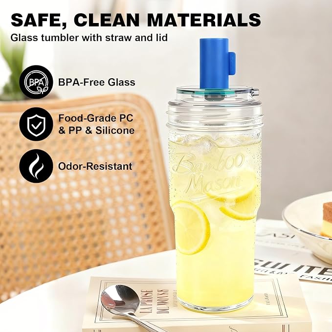 ANOTION 2pc Glass Tumbler with Lids and Straws, Leakproof 24oz Mason Jar Cups, Cap Cup Leak-Proof, Self-Assembly Silicone Straw, Reusable Iced Coffee Smoothie Matcha Cup Aesthetic Coffee Gifts Women - Image 4