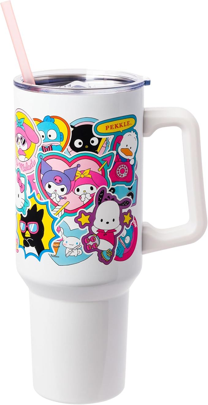 Silver Buffalo Sanrio Hello Kitty & Friends Cinnamoroll, Kuromi, Chococat, Badtz-Maru, Keroppi, Sticker Double Walled Stainless Steel Tumbler w Handle and Straw, Fits in Standard Cup Holder, 40 Ounces by SilverBuffalo