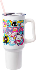 Silver Buffalo Sanrio Hello Kitty & Friends Cinnamoroll, Kuromi, Chococat, Badtz-Maru, Keroppi, Sticker Double Walled Stainless Steel Tumbler w Handle and Straw, Fits in Standard Cup Holder, 40 Ounces by SilverBuffalo