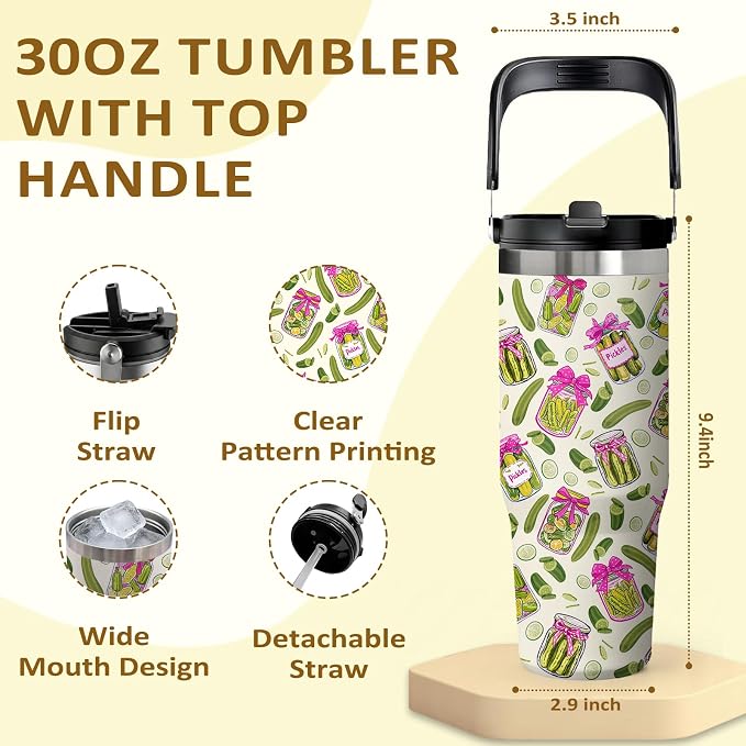 Pickle Tumbler 30oz - Pickle Themed Gifts for Adults, Stainless Steel Insulated Cup with Handle, Novelty Water Bottle for Pickles Lovers, Funny Kitchen Theme Present - Image 2