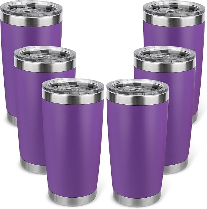 20oz Stainless Steel Tumbler Bulk with Lid, Travel Mug - Double Wall Vacuum Powder Coated Cup - Purple, 6 Pack by Unknown