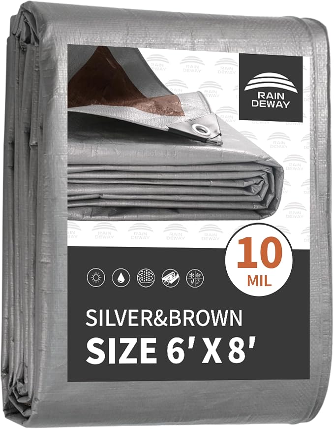 Tarps Heavy Duty Waterproof 6x8 Feet, 10Mil Multipurpose Small Tarp Cover by RAINDEWAY