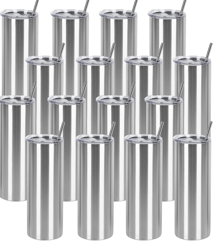 16 Pack 20 Oz Straight Skinny Tumblers,Individually Gift Boxed Stainless Steel Slim Skinny Tumbler Set Bulk, 20 Oz Insulated Slim Thin Travel Tumbler Cup for Diy, Silver by Wzaytia