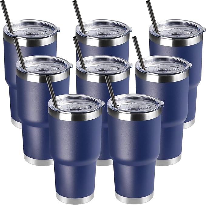 DOMICARE 30oz Tumbler Bulk with Lid and Straw, Double Wall Travel Coffee Mug, Insulated Vacuum Stainless Steel Tumblers, Powder Coated Tumbler Cup (Navy, 8) by VisittheDOMICARE