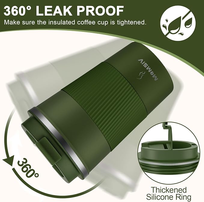MOMSIV 12oz Travel Mug, Insulated Coffee Cup with Leakproof Lid, Vacuum Stainless Steel Double Walled Reusable Tumbler for Hot and Cold Water Coffee and Tea In Travel and Car Armygreen 380ML - Image 5