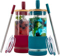 Pandaloo® Glass Cups With Lids and Straws -20 Fl Oz- Perfect Size Iced Coffee Cup - Smoothie Cup With Bamboo Lid and On the go Lid - Glass Tumbler (2 Count (Pack of 1), Boysenberry-Intense Teal) by Pandaloo