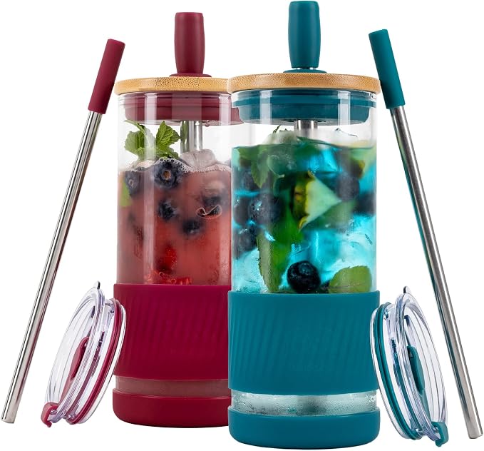 Pandaloo® Glass Cups With Lids and Straws -20 Fl Oz- Perfect Size Iced Coffee Cup - Smoothie Cup With Bamboo Lid and On the go Lid - Glass Tumbler (2 Count (Pack of 1), Boysenberry-Intense Teal) by Pandaloo