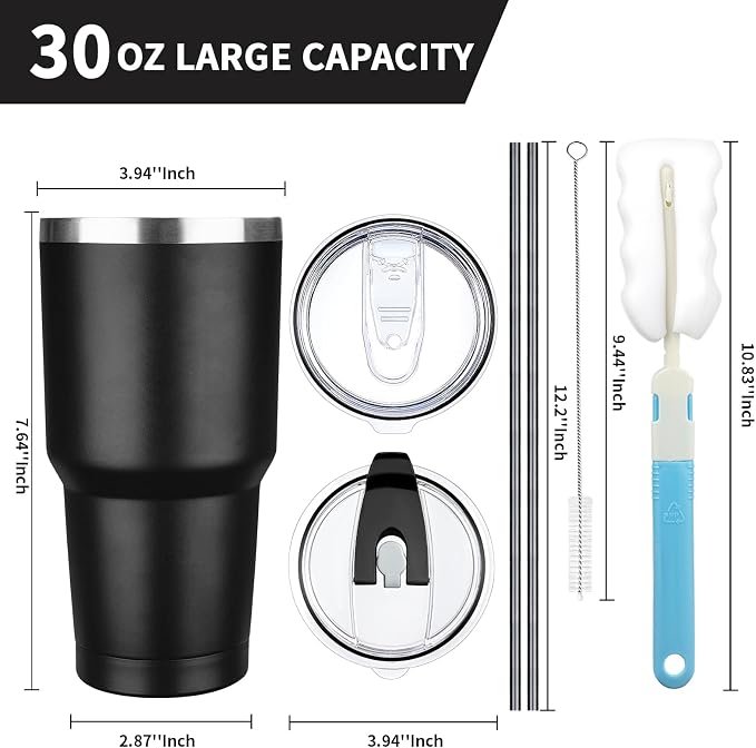 30 oz Tumbler with Lids and Straws, Stainless Steel Insulated Coffee Tumbler, Double Wall Vacuum Insulated Travel Mug Cup, Leakproof Thermal Coffee Cup for Hot and Cold Drinks (Black) - Image 2