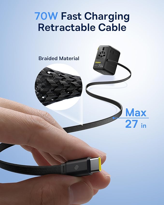 Baseus 70W Universal Travel Adapter and Baseus 60W Retractable USB C Cable - Image 3