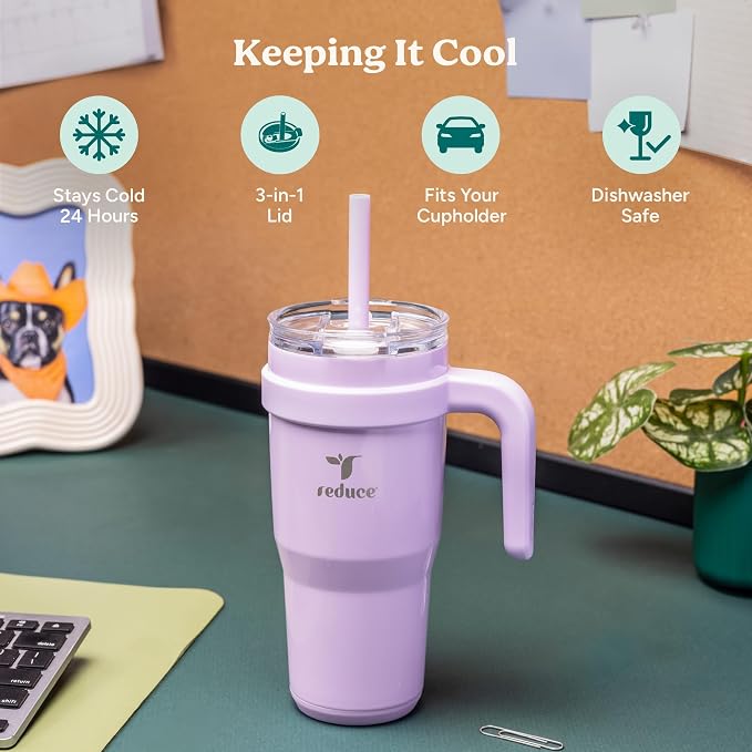 REDUCE 24 oz Stainless Steel Tumbler with Handle - Dual-Wall Vacuum Insulated Travel Mug, Sweat-Proof Lid & Reusable Straw - Keeps Drinks Cold for 24 Hrs, Fits Cupholders, Dishwasher Safe-Pink Cotton - Image 3