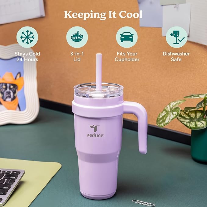 REDUCE 24 oz Stainless Steel Tumbler with Handle - Dual-Wall Vacuum Insulated Travel Mug, Sweat-Proof Lid & Reusable Straw - Keeps Drinks Cold for 24 Hrs, Fits Cupholders, Dishwasher Safe - Phantom - Image 3