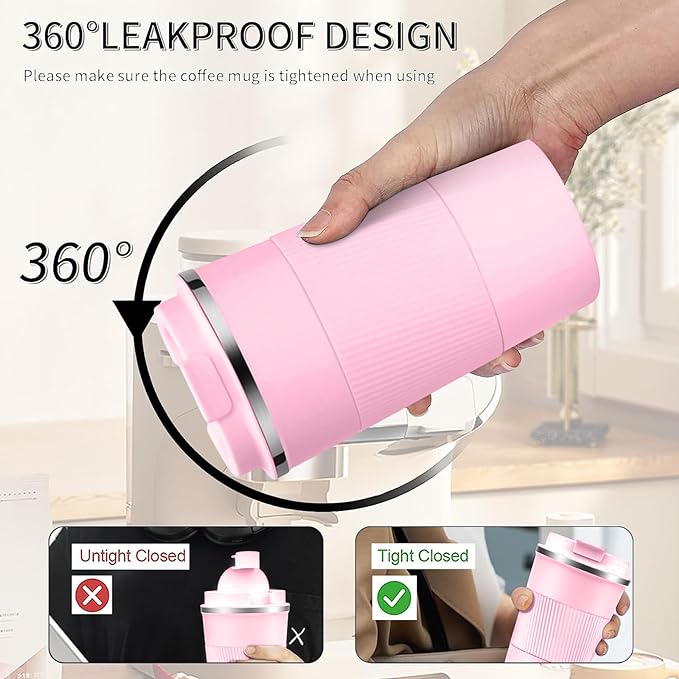 YINBAOGE Insulated Travel Coffee Mug, Spill & Leak Proof, Portable To Go Camping Stainless Steel Coffee Tumbler, Reusable Thermal Coffee Cup with Lid for Hot & Cold Drinks (Pink, 12 OZ) - Image 4