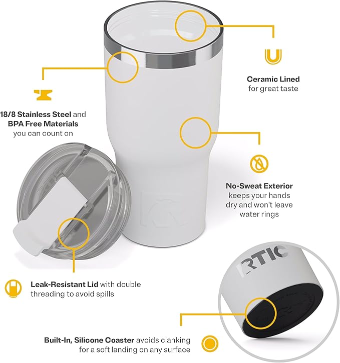 RTIC 20oz Essential Tumbler with Lid, Ceramic Lined, Insulated, Stainless Steel, Metal, Double Wall Vacuum-Insulation, Travel Cup for Iced Coffee, Tea, Hot and Cold Drink, White - Image 4
